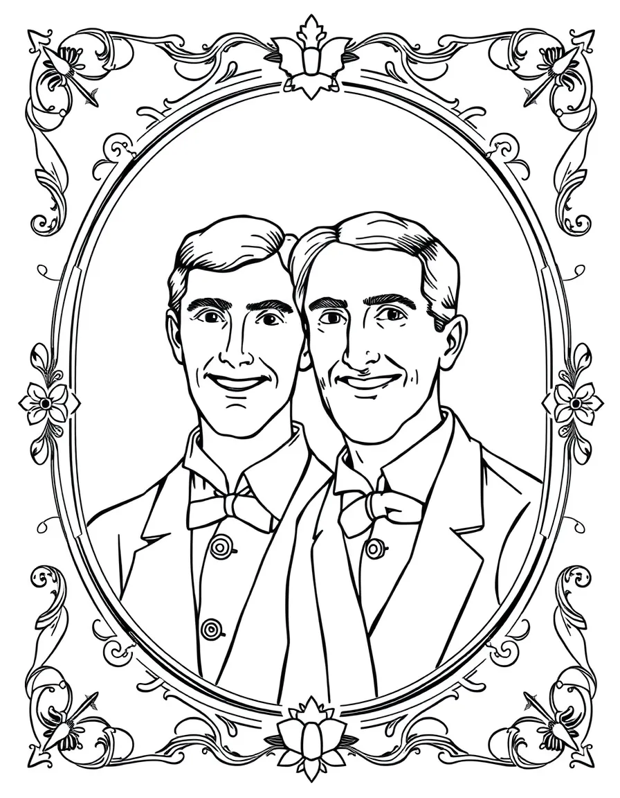 A portrait of The Wright Brothers with a big smile, framed with decorative borders and symbols of their time period.