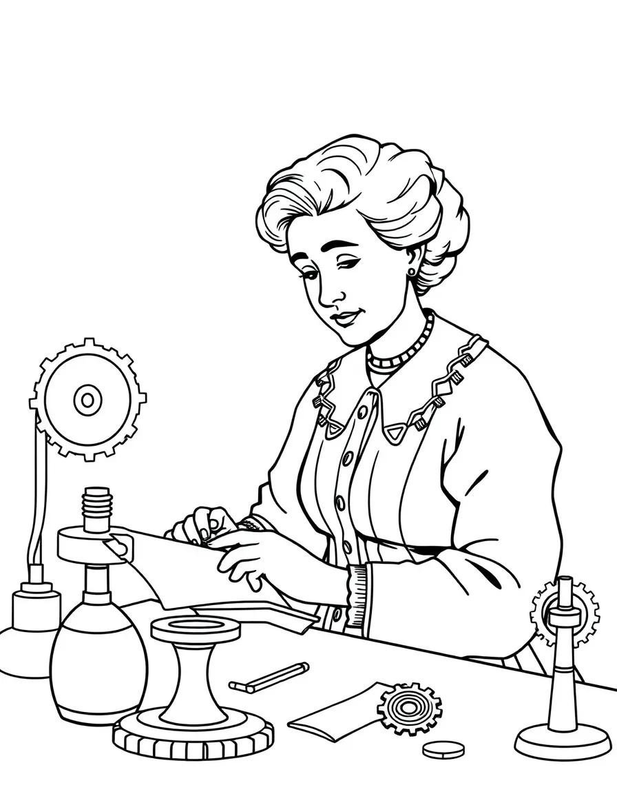 Marie Curie working on their famous invention or idea, with gears, papers, or lab equipment drawn simply.