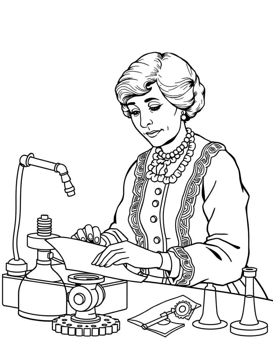Susan B. Anthony working on their famous invention or idea, with gears, papers, or lab equipment drawn simply.