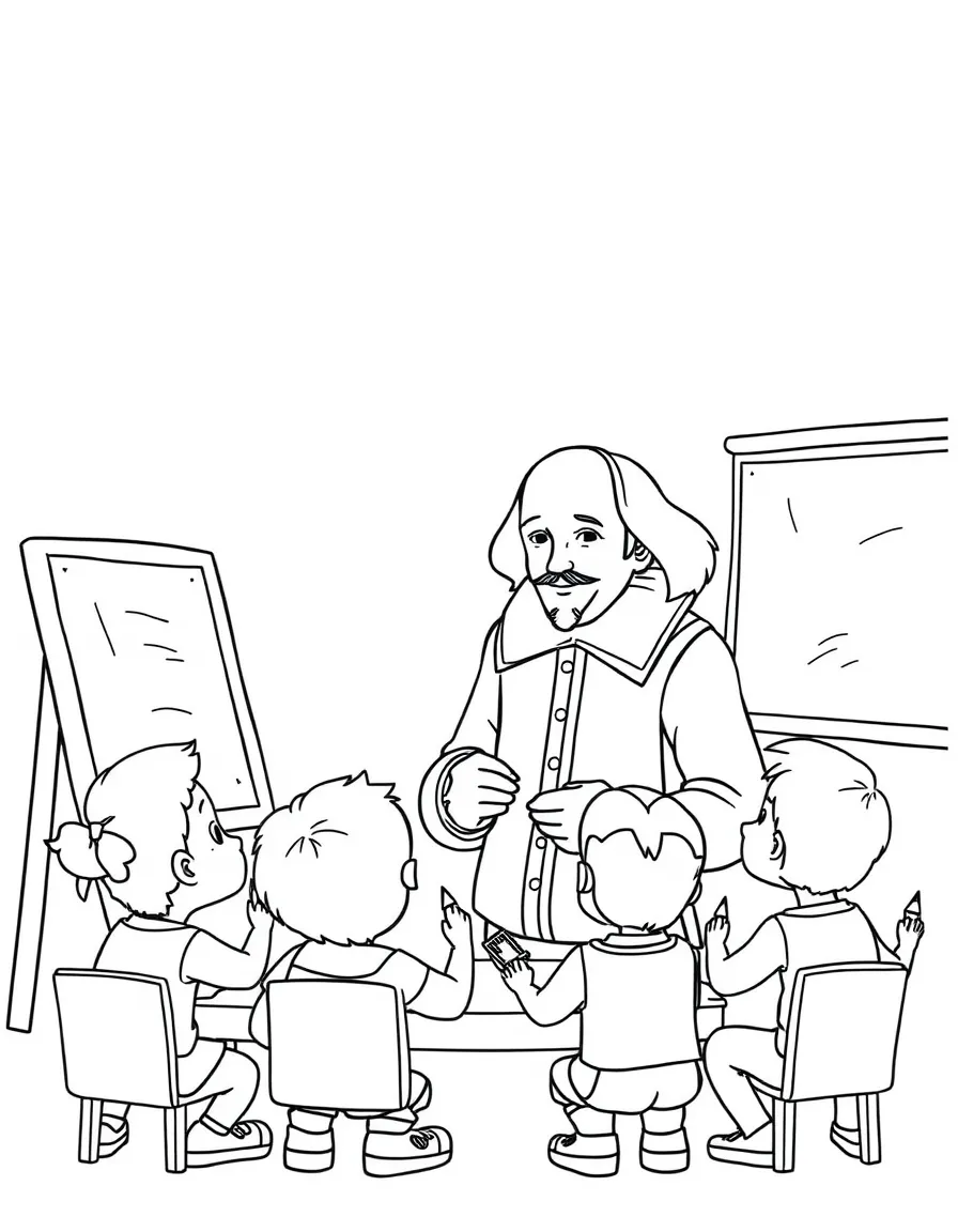 William Shakespeare teaching children, with educational items like chalkboards and pencils, in a friendly classroom scene.