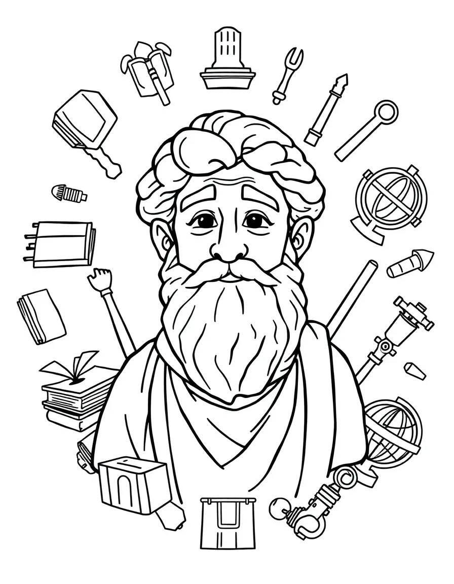 A cartoon-style drawing of Aristotle surrounded by symbols of their achievements, like books, tools, or globes.