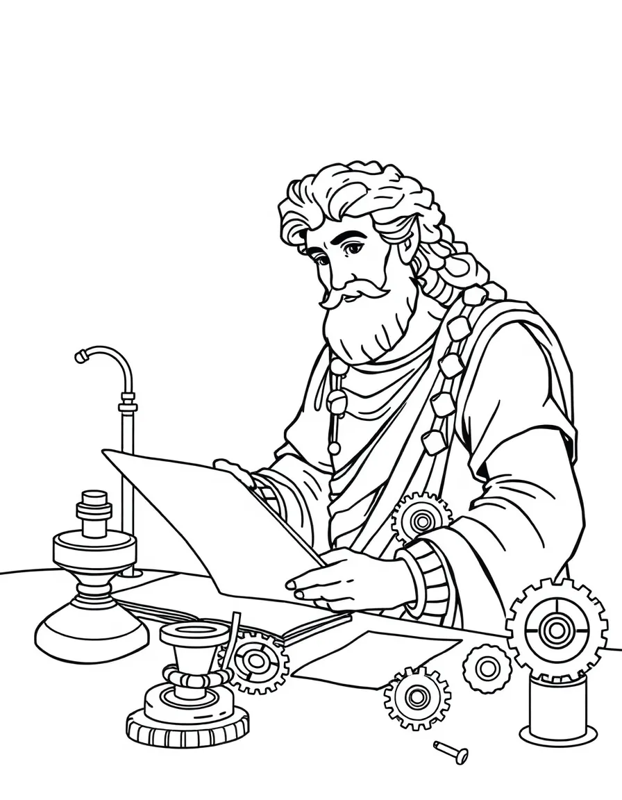 Alexander the Great working on their famous invention or idea, with gears, papers, or lab equipment drawn simply.
