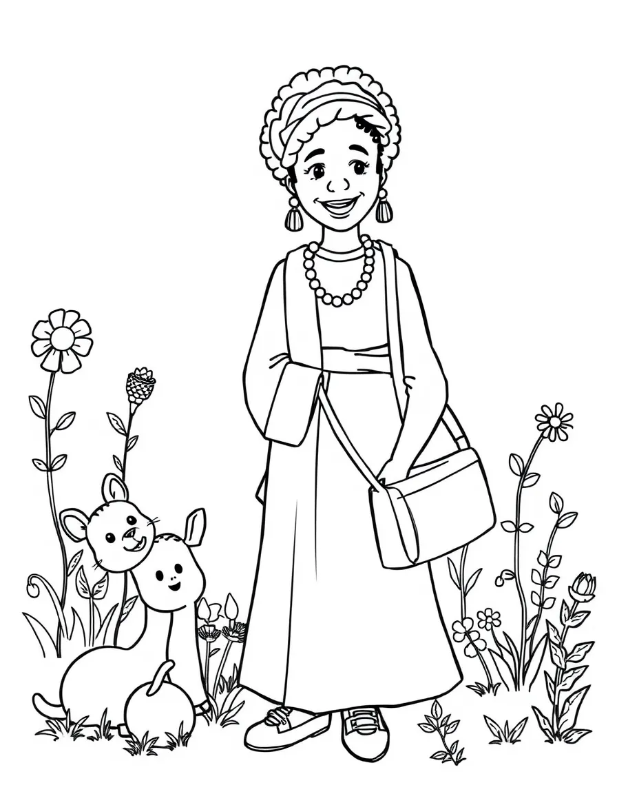 A playful scene showing Rosa Parks in a historical outfit with animals, plants, or kids nearby.