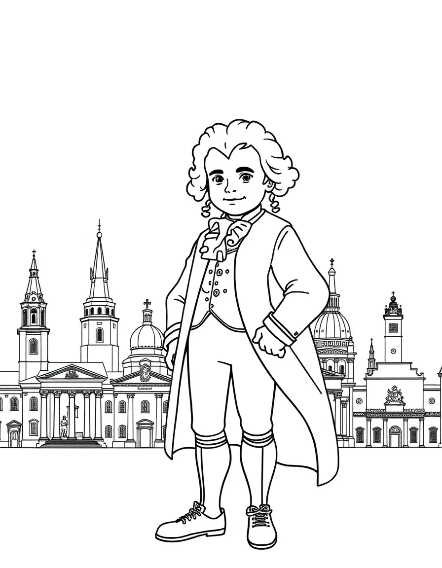 Mozart standing proudly with historical landmarks in the background, drawn with clear bold lines for coloring.