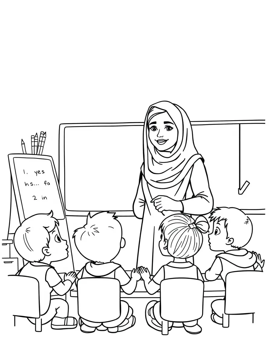 Malala Yousafzai teaching children, with educational items like chalkboards and pencils, in a friendly classroom scene.
