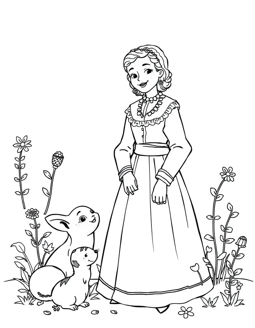 A playful scene showing Susan B. Anthony in a historical outfit with animals, plants, or kids nearby.