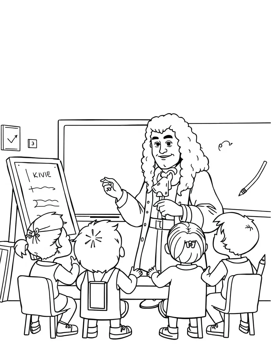 Isaac Newton teaching children, with educational items like chalkboards and pencils, in a friendly classroom scene.