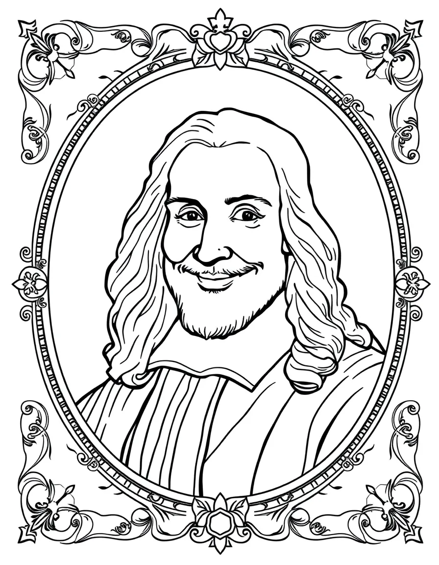 A portrait of Leonardo da Vinci with a big smile, framed with decorative borders and symbols of their time period.