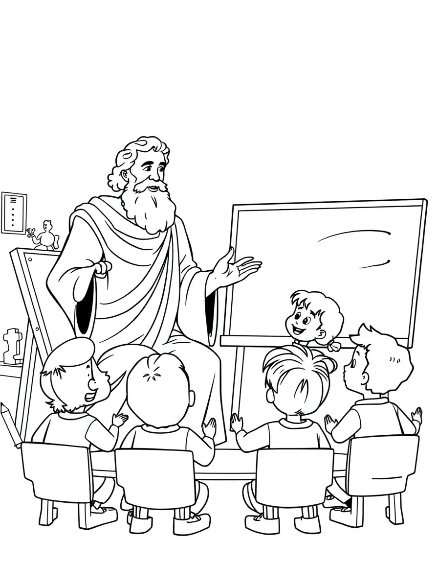 Plato teaching children, with educational items like chalkboards and pencils, in a friendly classroom scene.