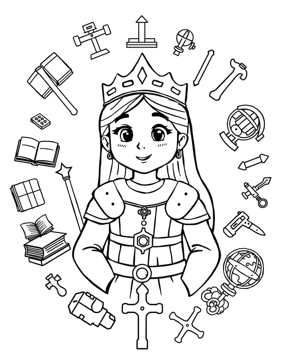 A cartoon-style drawing of Joan of Arc surrounded by symbols of their achievements, like books, tools, or globes.