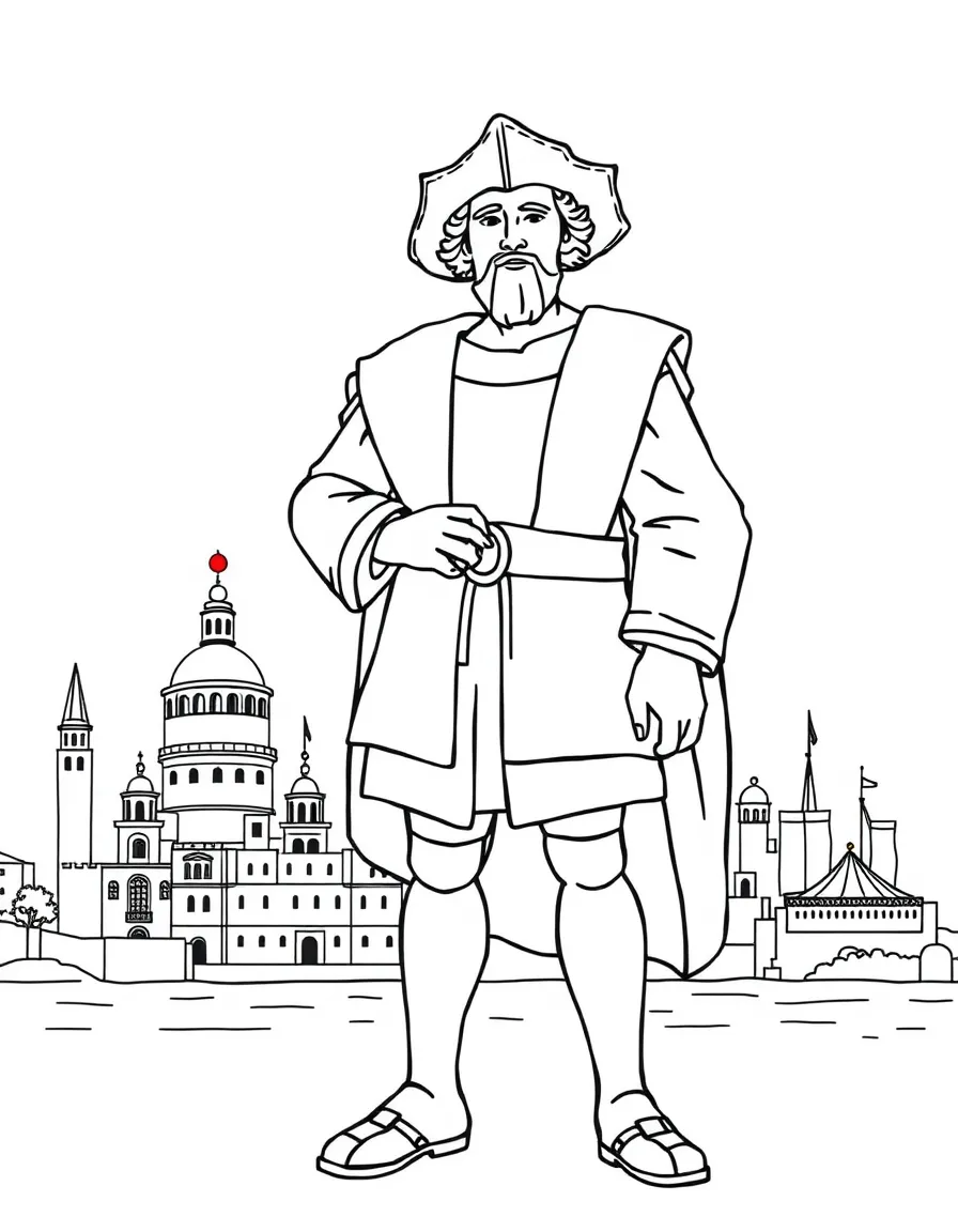 Christopher Columbus standing proudly with historical landmarks in the background, drawn with clear bold lines for coloring.