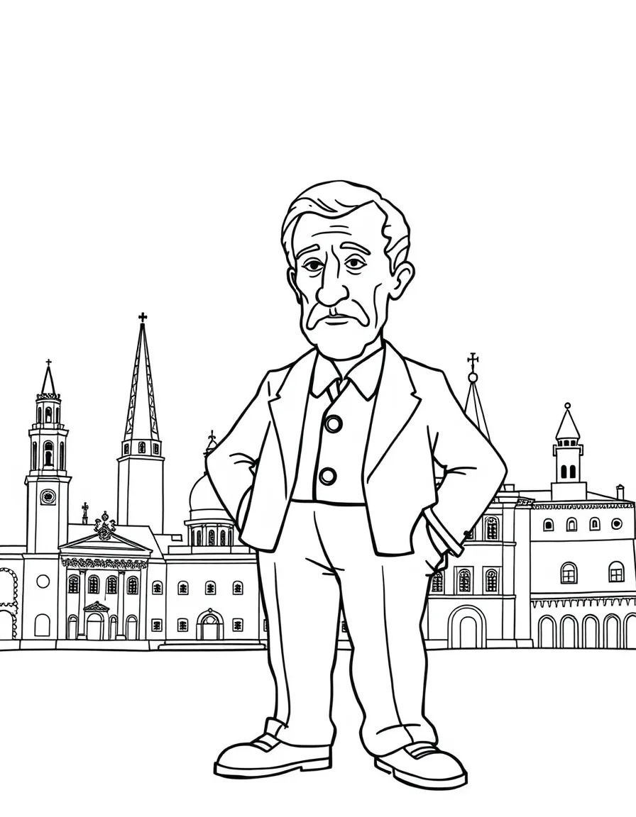 Pablo Picasso standing proudly with historical landmarks in the background, drawn with clear bold lines for coloring.