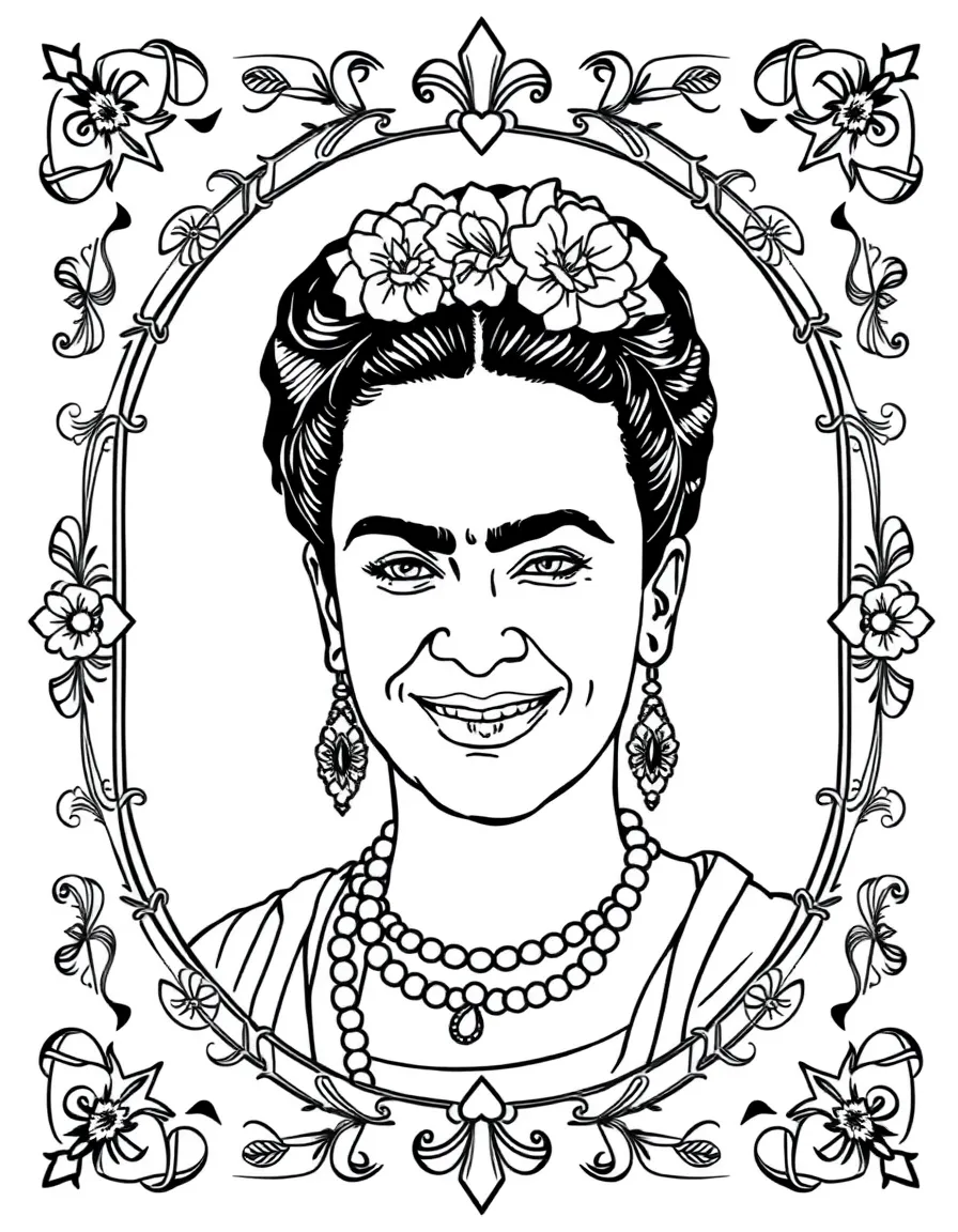 A portrait of Frida Kahlo with a big smile, framed with decorative borders and symbols of their time period.