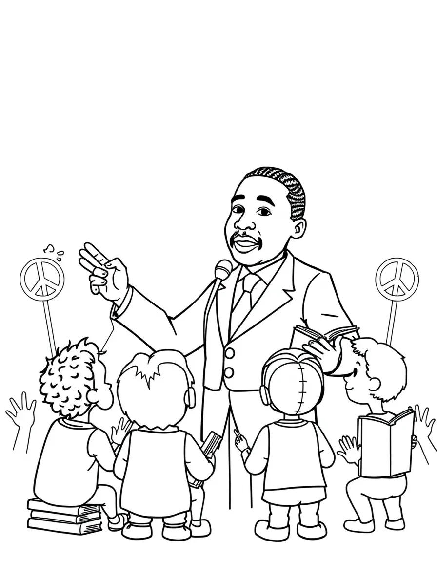 A fun coloring page of Martin Luther King Jr. giving a speech to children with books and peace signs around.