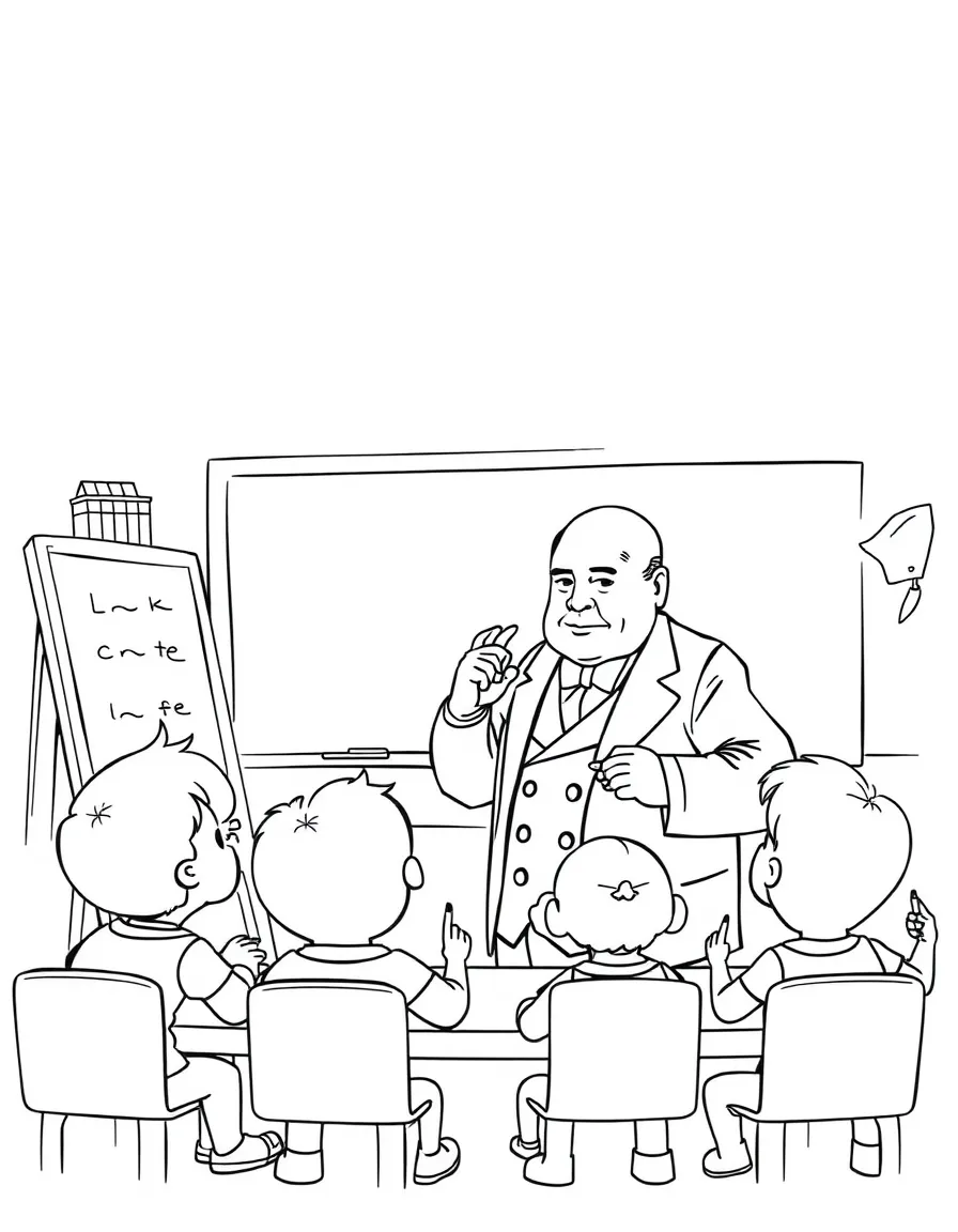 Winston Churchill teaching children, with educational items like chalkboards and pencils, in a friendly classroom scene.