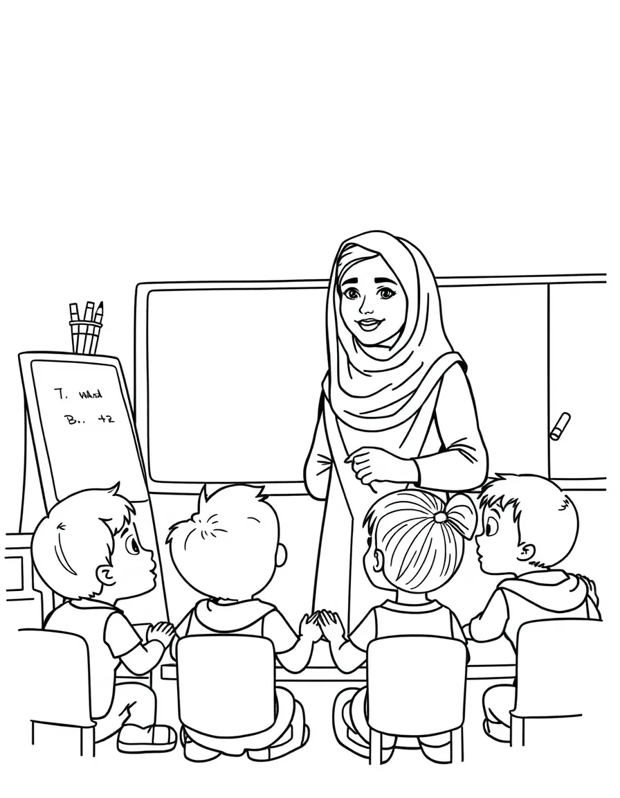 Malala Yousafzai teaching children, with educational items like chalkboards and pencils, in a friendly classroom scene.