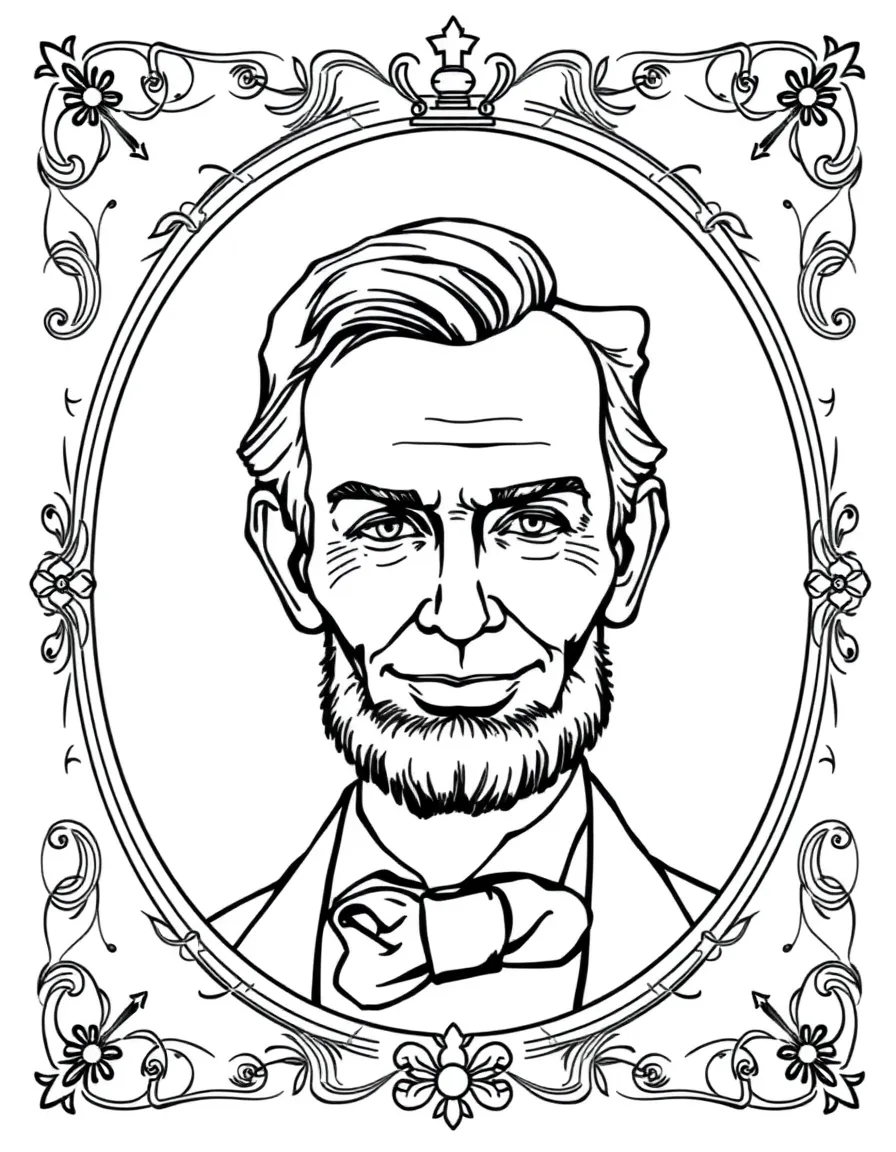 A portrait of Abraham Lincoln with a big smile, framed with decorative borders and symbols of their time period.
