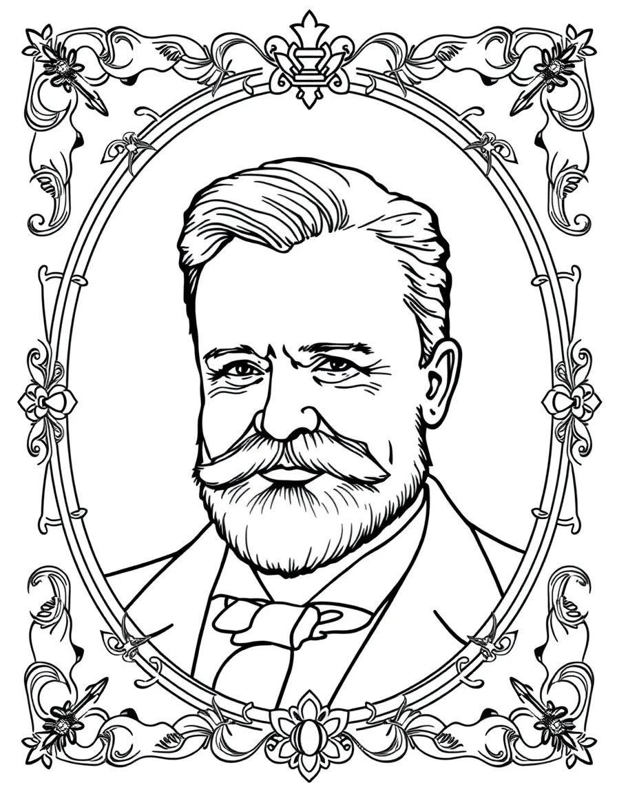 A portrait of Theodore Roosevelt with a big smile, framed with decorative borders and symbols of their time period.