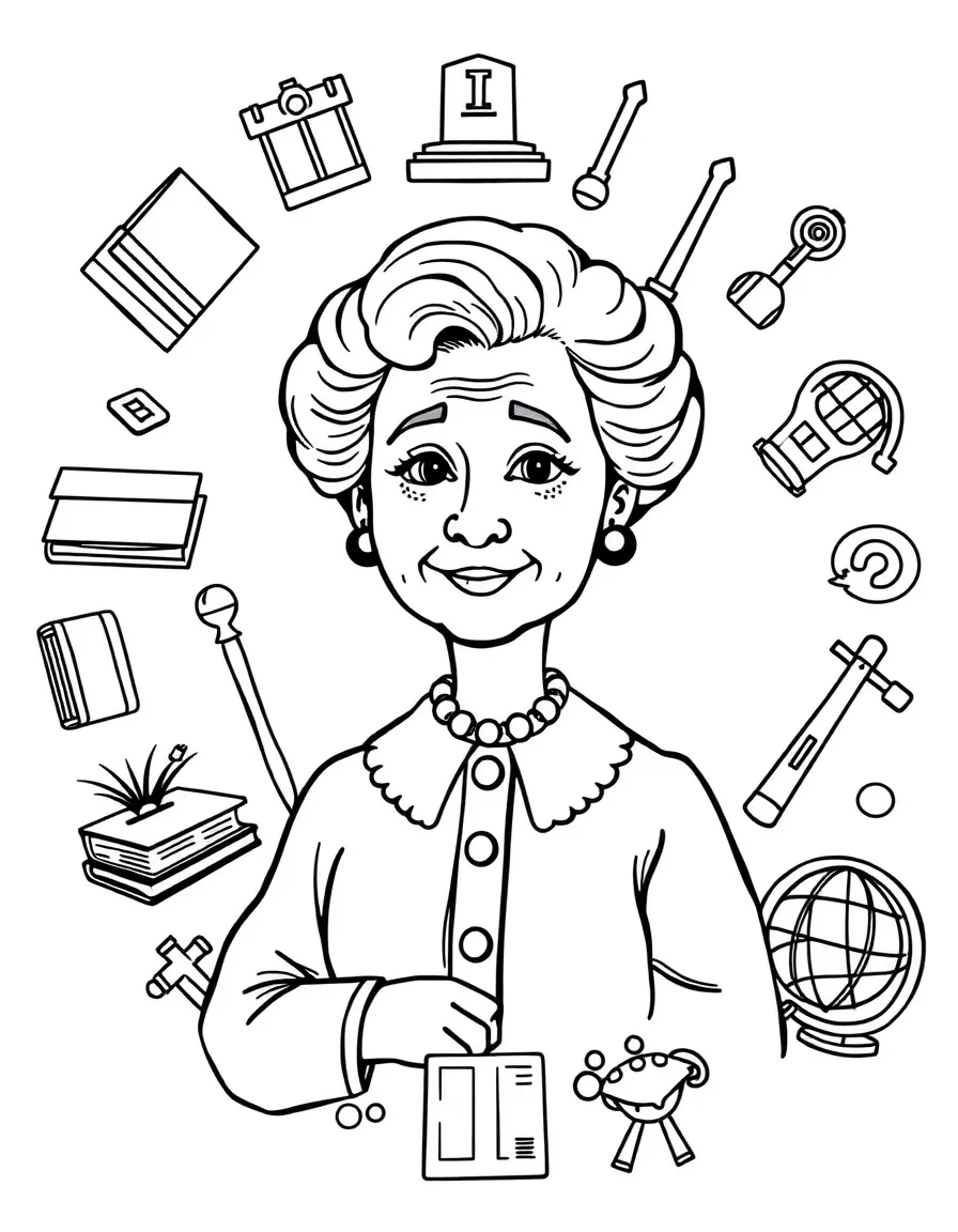 A cartoon-style drawing of Marie Curie surrounded by symbols of their achievements, like books, tools, or globes.