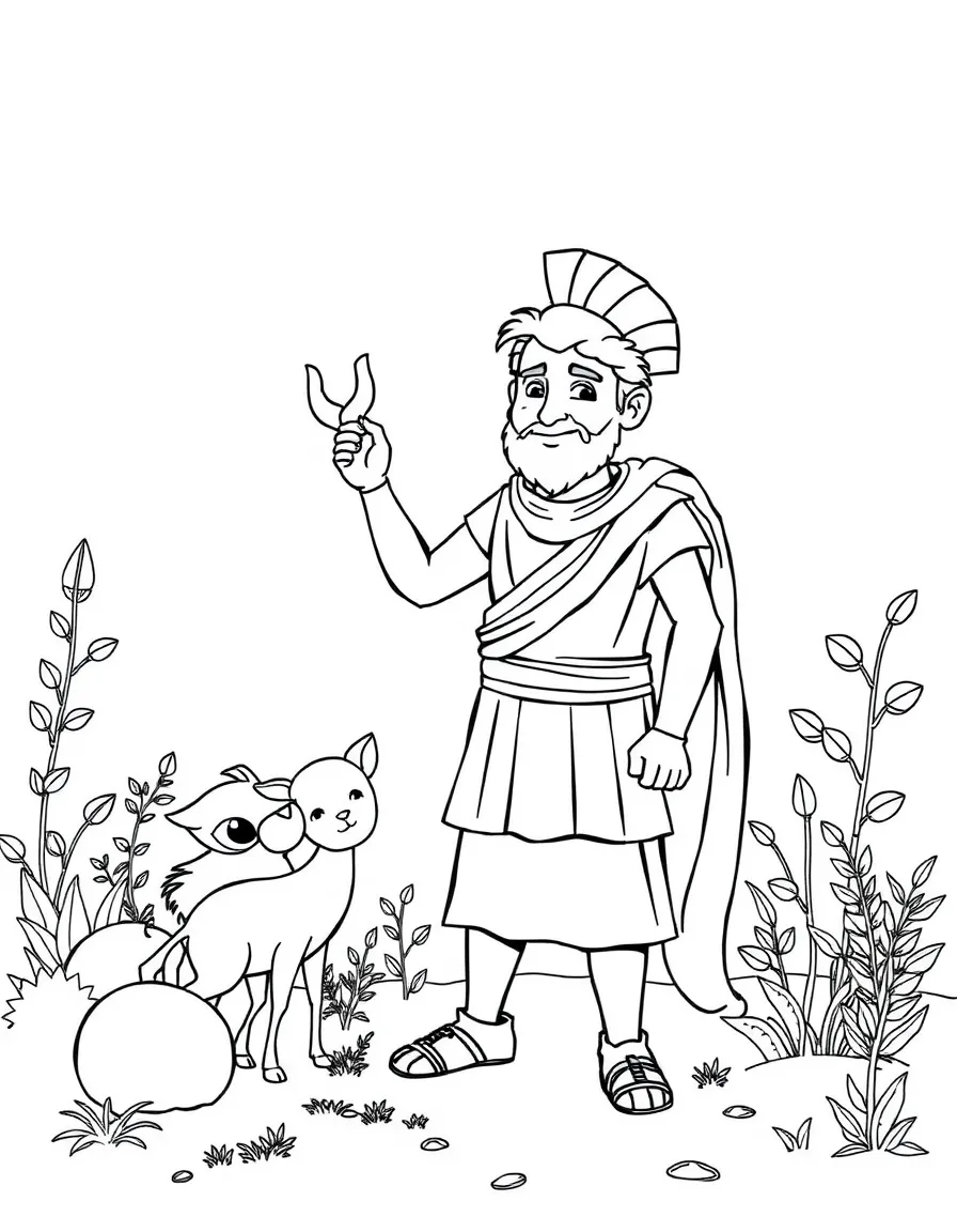 A playful scene showing Alexander the Great in a historical outfit with animals, plants, or kids nearby.