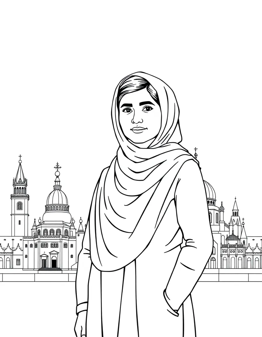 Malala Yousafzai standing proudly with historical landmarks in the background, drawn with clear bold lines for coloring.