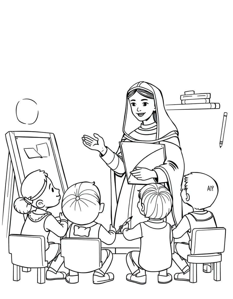 Joan of Arc teaching children, with educational items like chalkboards and pencils, in a friendly classroom scene.