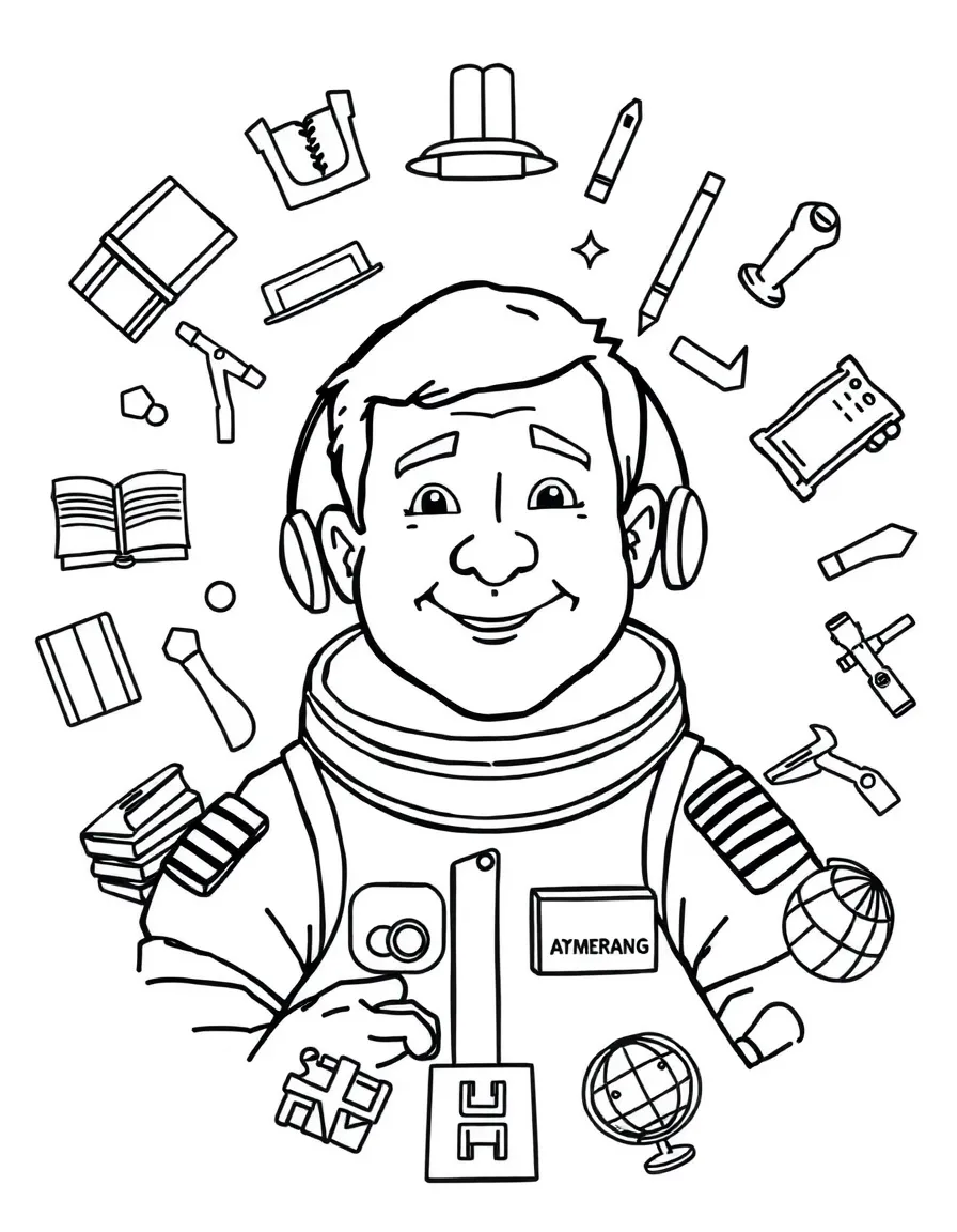 A cartoon-style drawing of Neil Armstrong surrounded by symbols of their achievements, like books, tools, or globes.