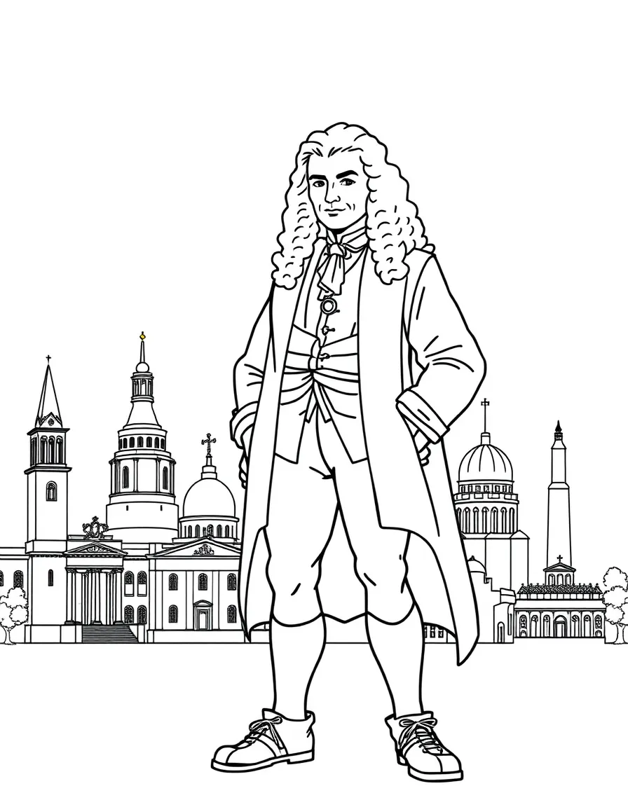 Isaac Newton standing proudly with historical landmarks in the background, drawn with clear bold lines for coloring.
