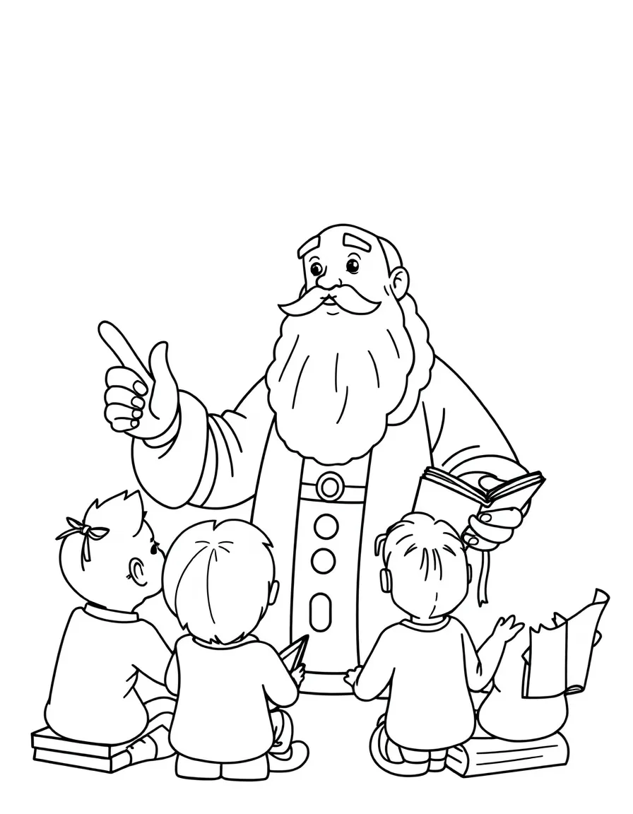 A fun coloring page of Galileo Galilei giving a speech to children with books and peace signs around.