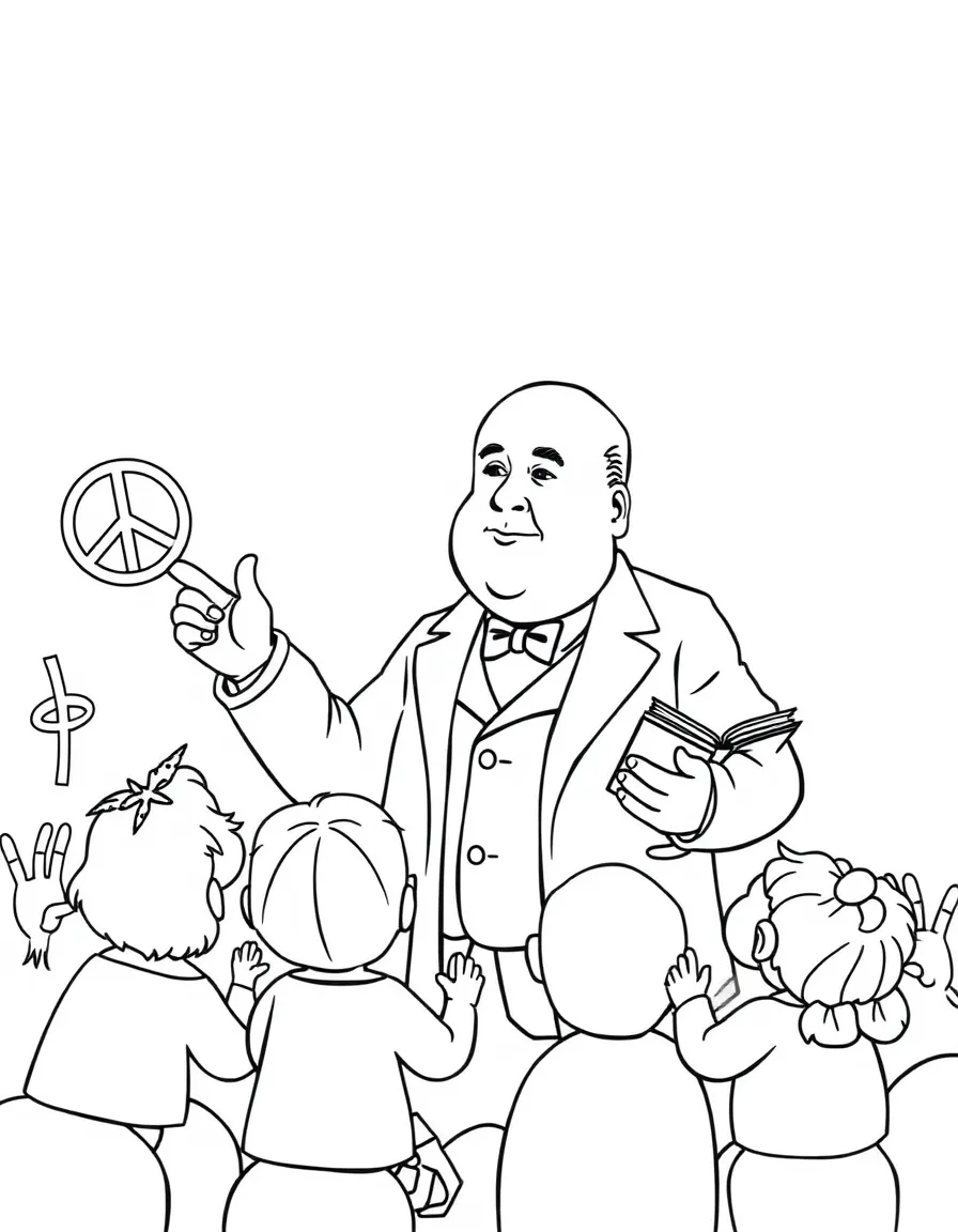 A fun coloring page of Winston Churchill giving a speech to children with books and peace signs around.