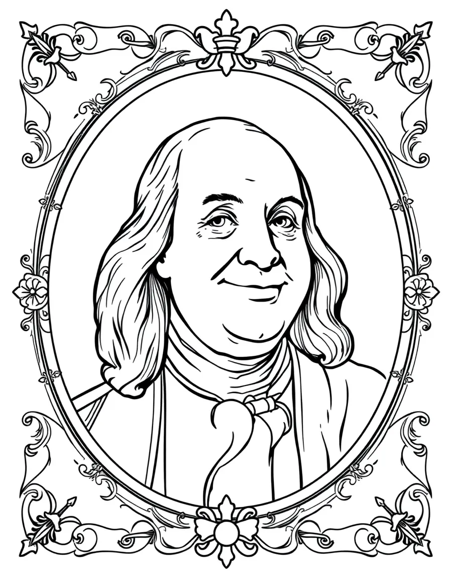 A portrait of Benjamin Franklin with a big smile, framed with decorative borders and symbols of their time period.
