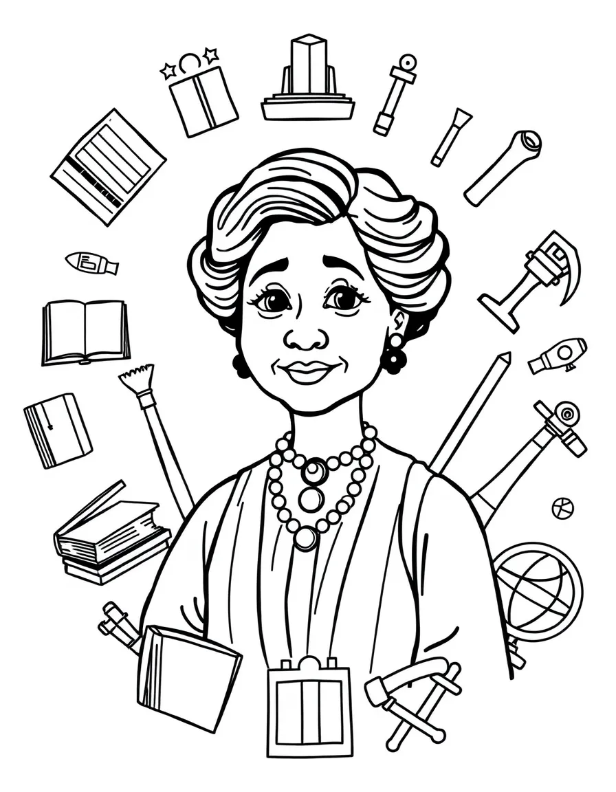 A cartoon-style drawing of Susan B. Anthony surrounded by symbols of their achievements, like books, tools, or globes.