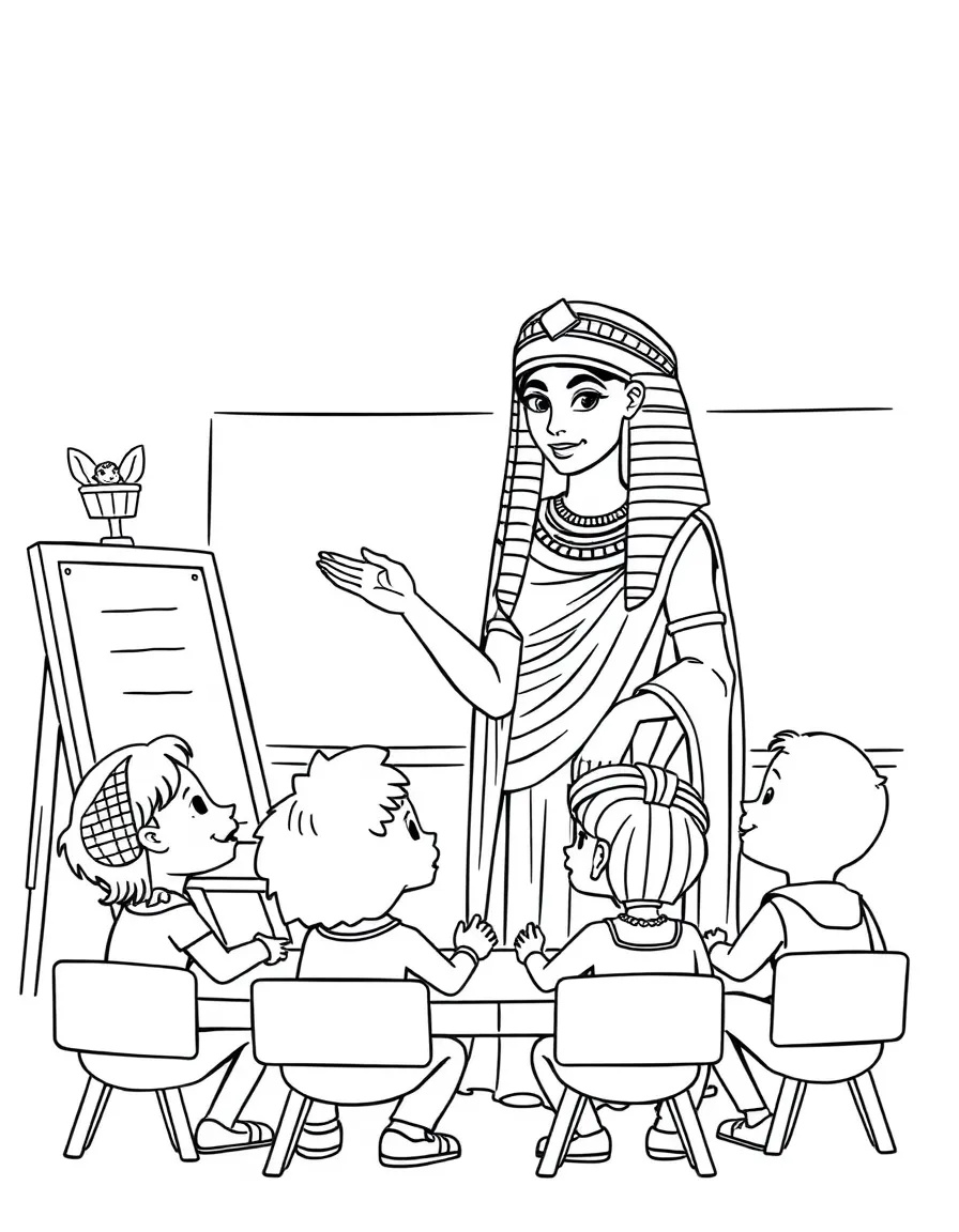 Cleopatra teaching children, with educational items like chalkboards and pencils, in a friendly classroom scene.