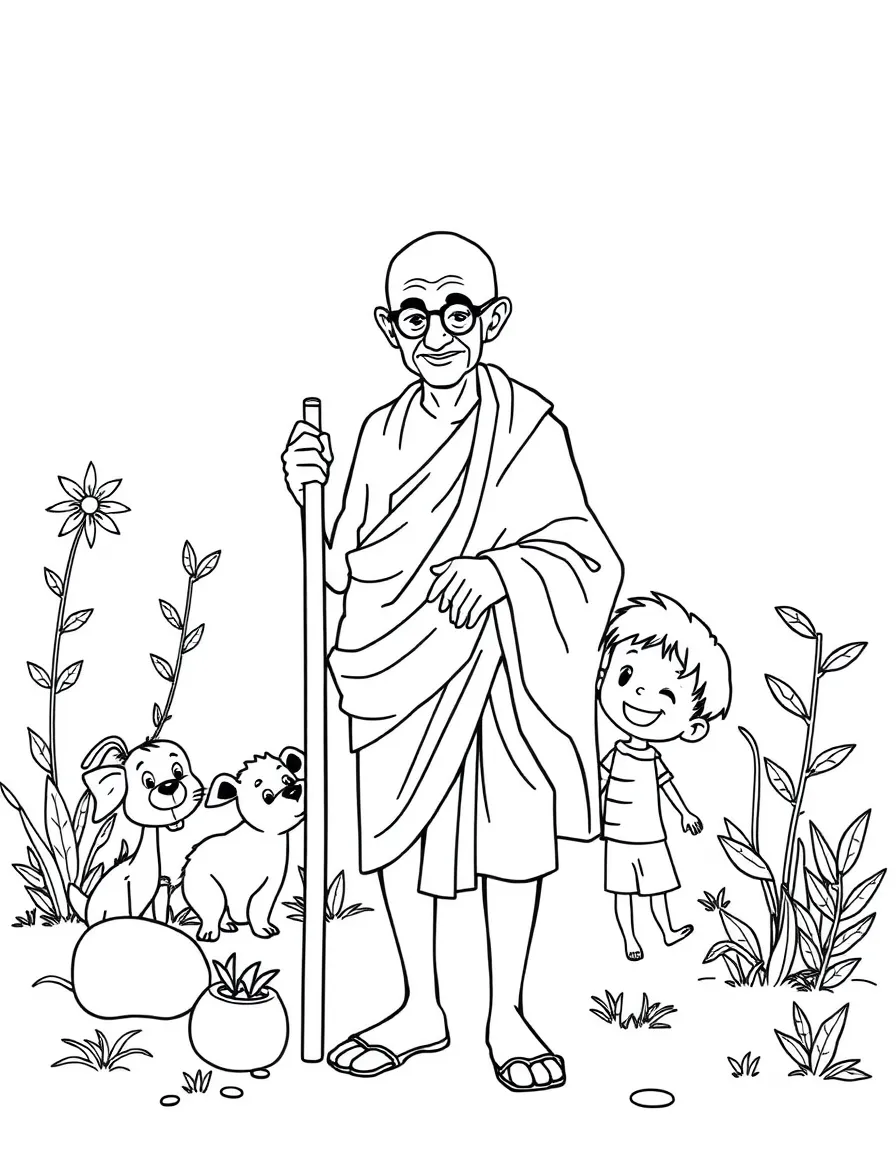 A playful scene showing Mahatma Gandhi in a historical outfit with animals, plants, or kids nearby.
