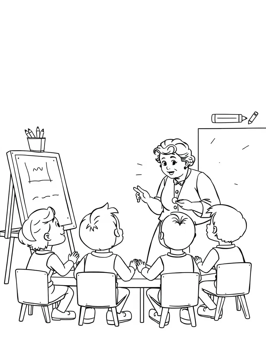 Helen Keller teaching children, with educational items like chalkboards and pencils, in a friendly classroom scene.