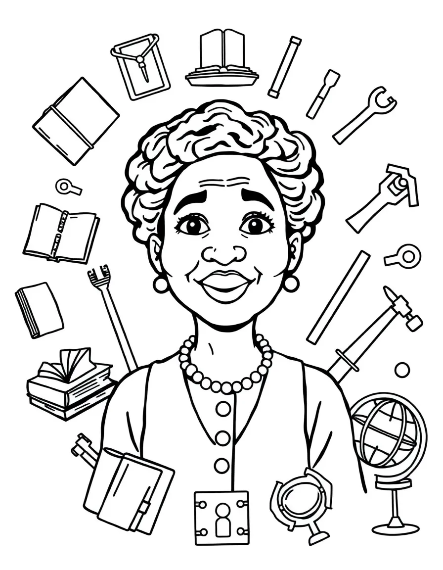 A cartoon-style drawing of Rosa Parks surrounded by symbols of their achievements, like books, tools, or globes.