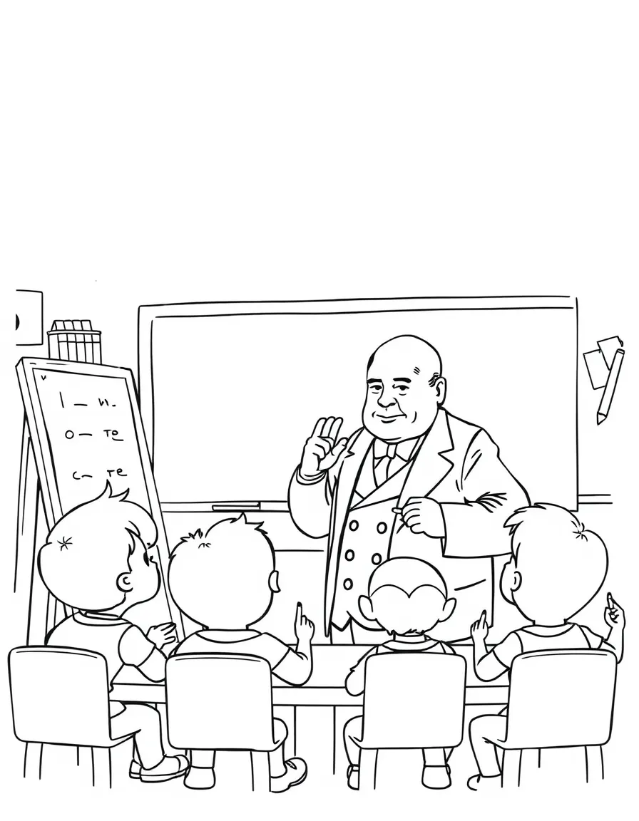 Winston Churchill teaching children, with educational items like chalkboards and pencils, in a friendly classroom scene.
