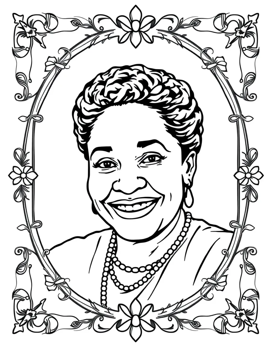 A portrait of Rosa Parks with a big smile, framed with decorative borders and symbols of their time period.