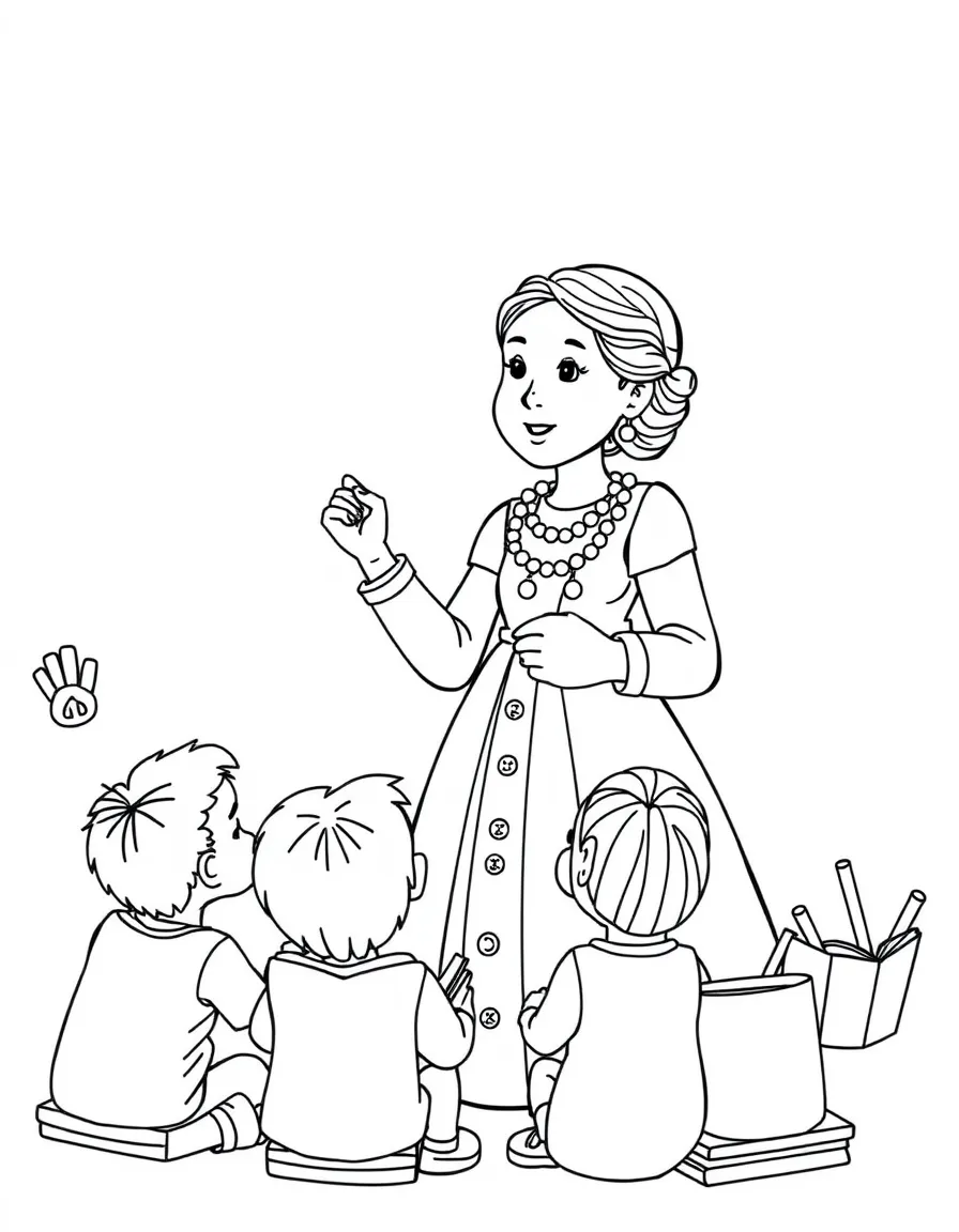 A fun coloring page of Ada Lovelace giving a speech to children with books and peace signs around.