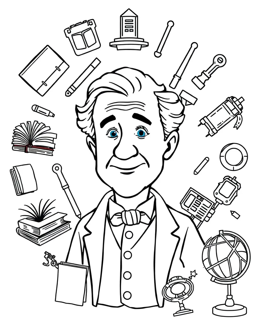 A cartoon-style drawing of Thomas Edison surrounded by symbols of their achievements, like books, tools, or globes.