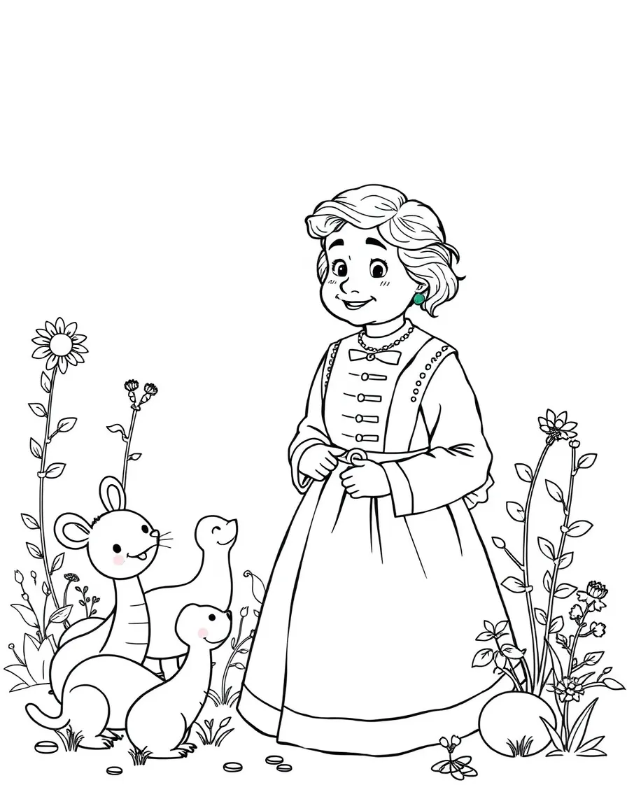 A playful scene showing Helen Keller in a historical outfit with animals, plants, or kids nearby.