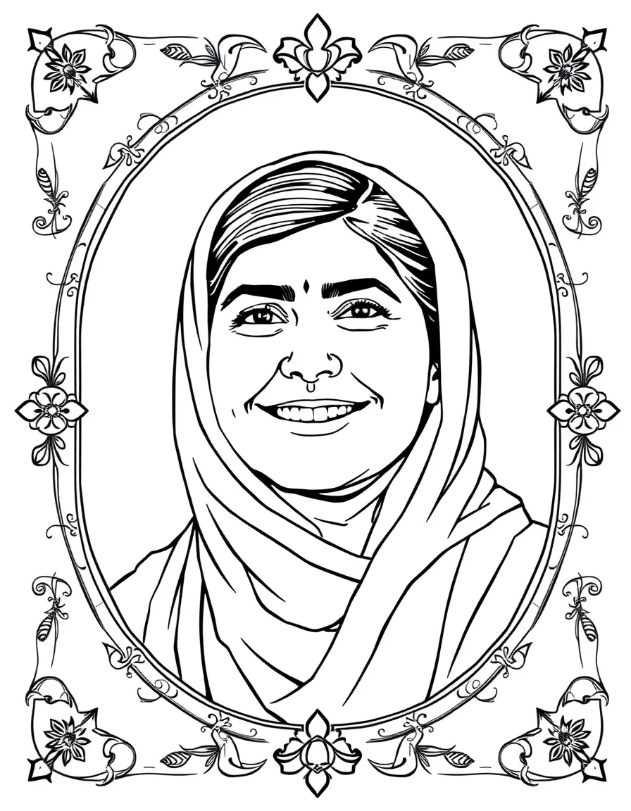 A portrait of Malala Yousafzai with a big smile, framed with decorative borders and symbols of their time period.