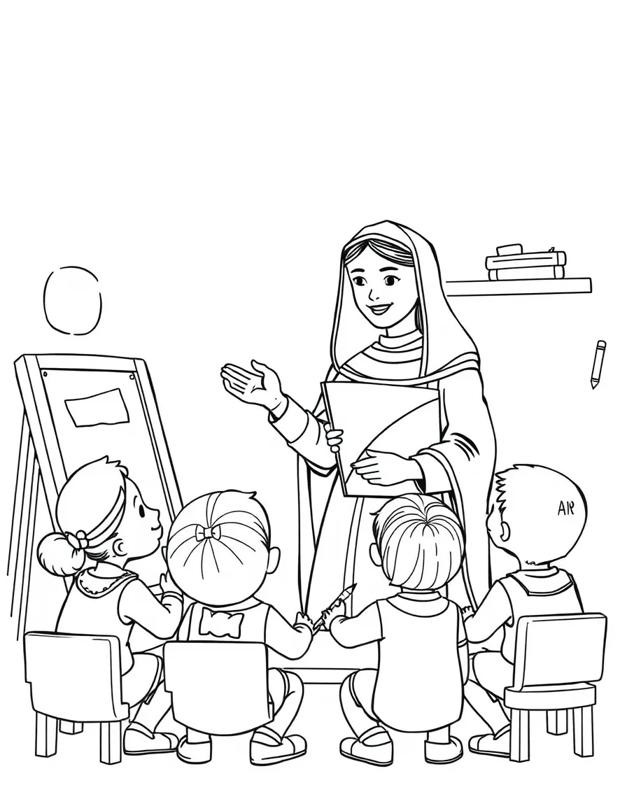 Joan of Arc teaching children, with educational items like chalkboards and pencils, in a friendly classroom scene.