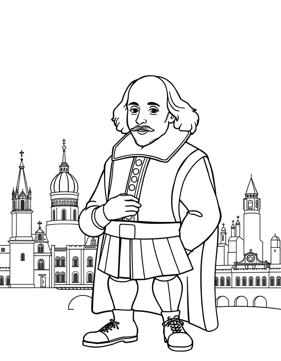 William Shakespeare standing proudly with historical landmarks in the background, drawn with clear bold lines for coloring.