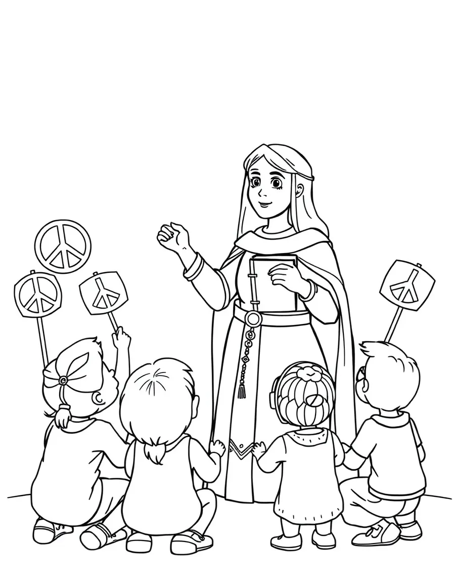 A fun coloring page of Joan of Arc giving a speech to children with books and peace signs around.
