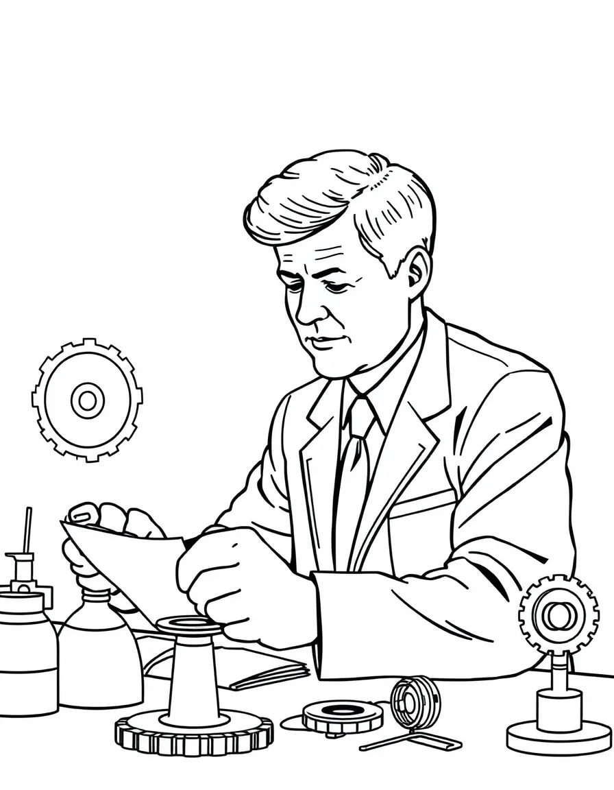 John F. Kennedy working on their famous invention or idea, with gears, papers, or lab equipment drawn simply.