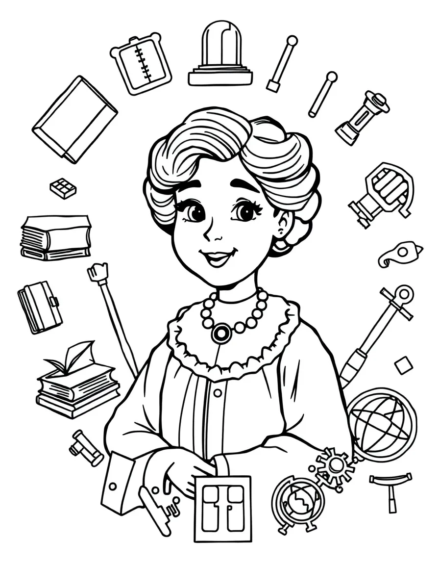 A cartoon-style drawing of Ada Lovelace surrounded by symbols of their achievements, like books, tools, or globes.
