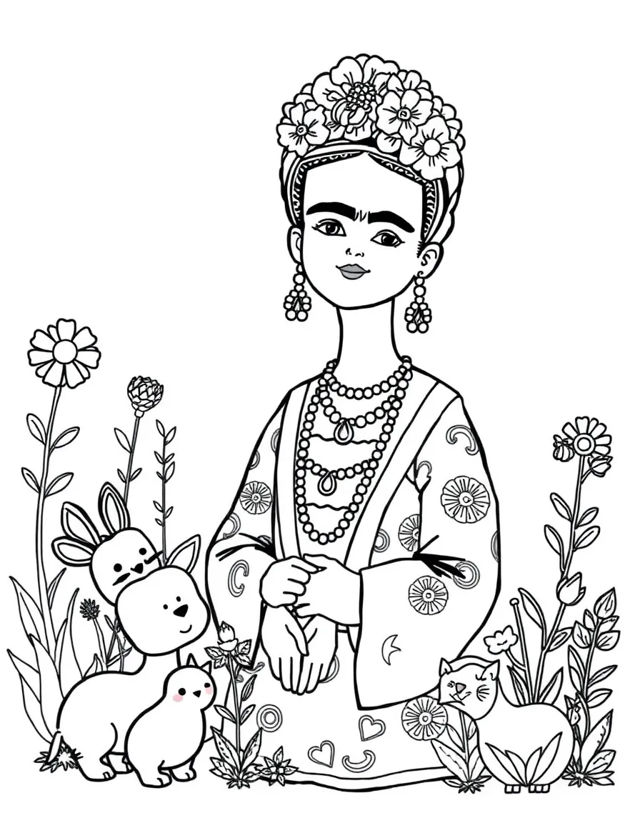 A playful scene showing Frida Kahlo in a historical outfit with animals, plants, or kids nearby.