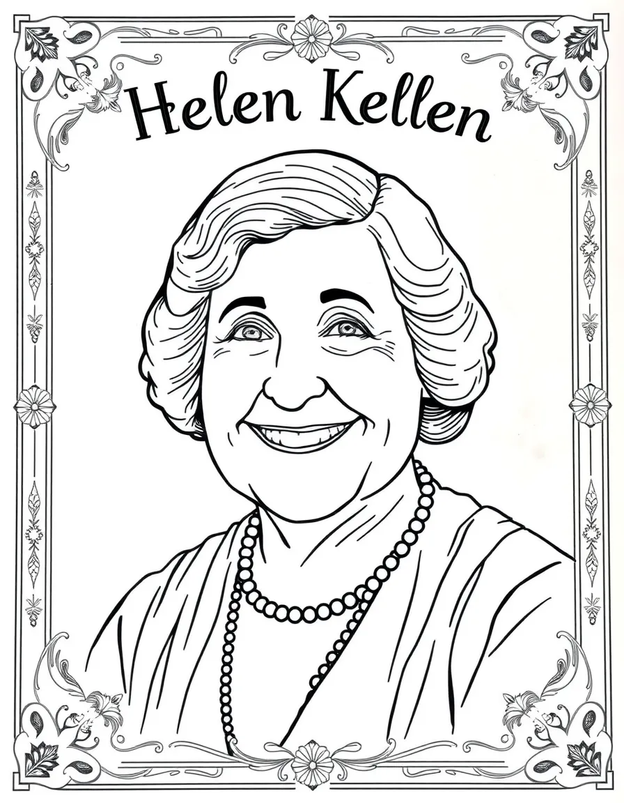 A portrait of Helen Keller with a big smile, framed with decorative borders and symbols of their time period.