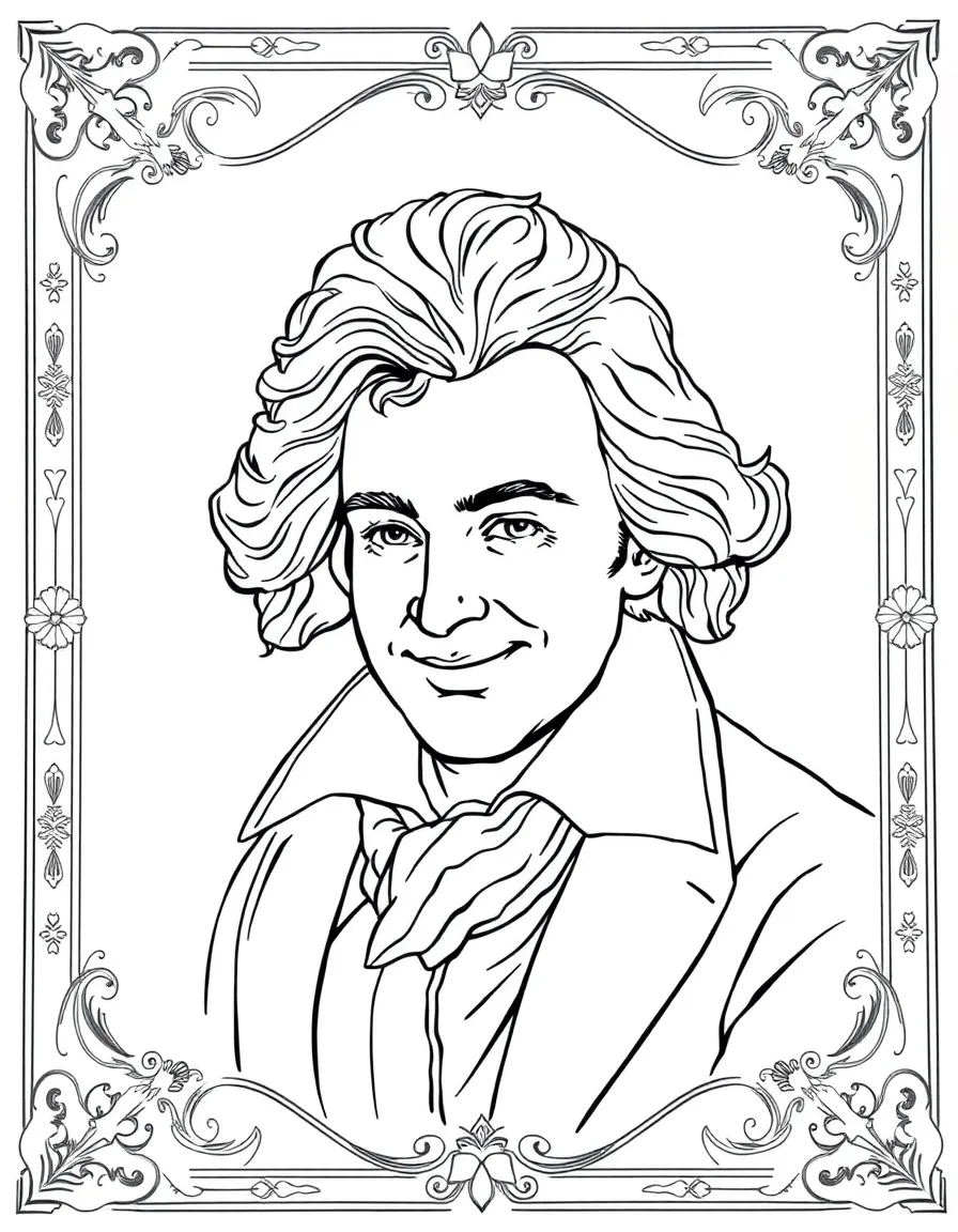 A portrait of Beethoven with a big smile, framed with decorative borders and symbols of their time period.